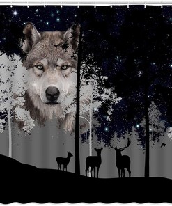 Abstract Forest Shower Curtain Rustic Deer Moose Tree Camping Wildlife Bathroom Decor