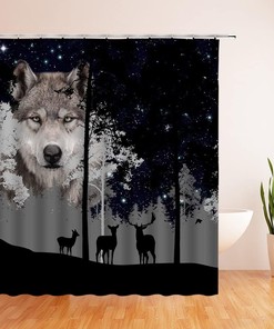 Abstract Forest Shower Curtain Rustic Deer Moose Tree Camping Wildlife Bathroom Decor