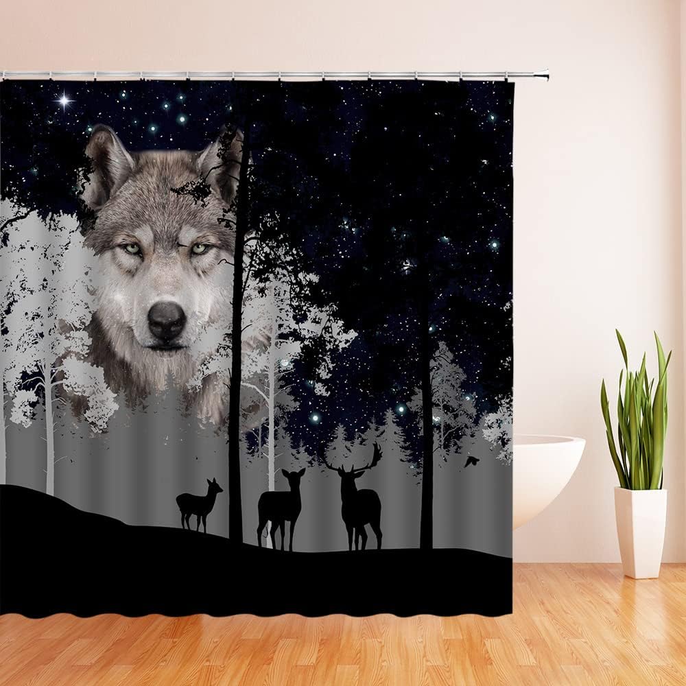 Abstract Forest Shower Curtain Rustic Deer Moose Tree Camping Wildlife Bathroom Decor