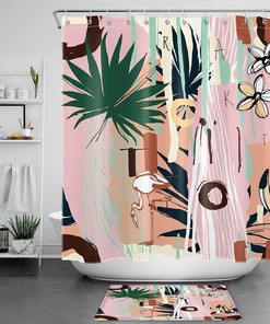 Abstract Geometric Flamingo and Palm Leaf Shower Curtain with Vintage Style