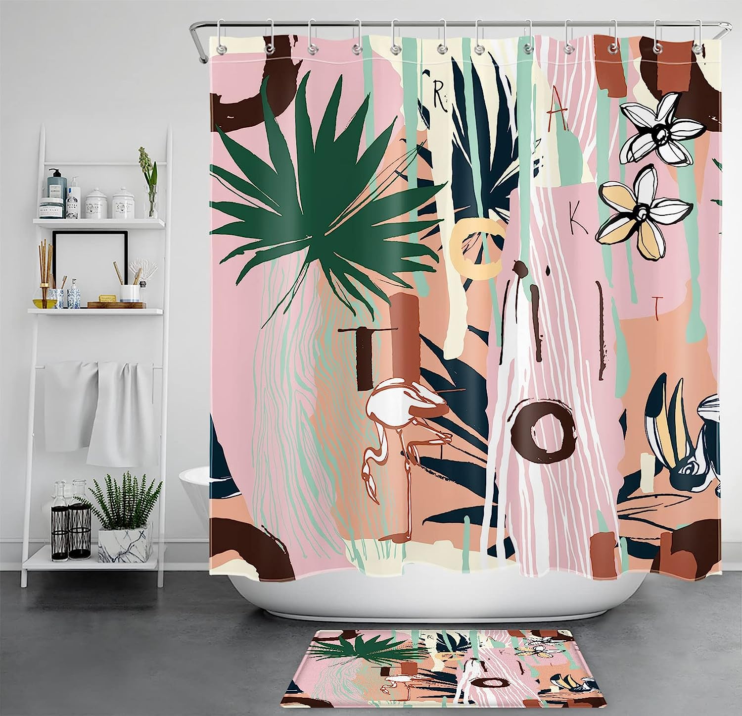 Abstract Geometric Flamingo and Palm Leaf Shower Curtain with Vintage Style