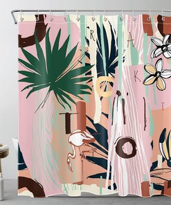 Abstract Geometric Flamingo and Palm Leaf Shower Curtain with Vintage Style