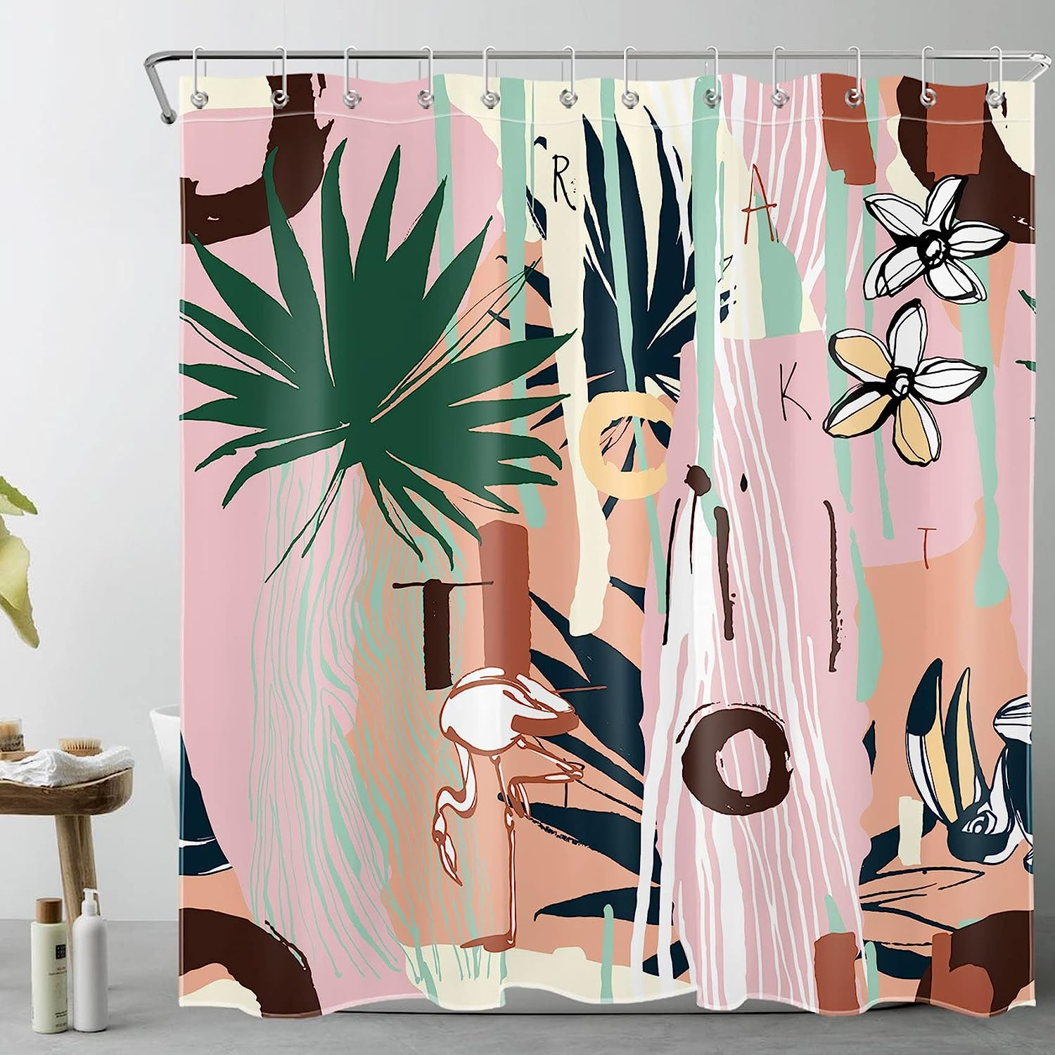 Abstract Geometric Flamingo and Palm Leaf Shower Curtain with Vintage Style
