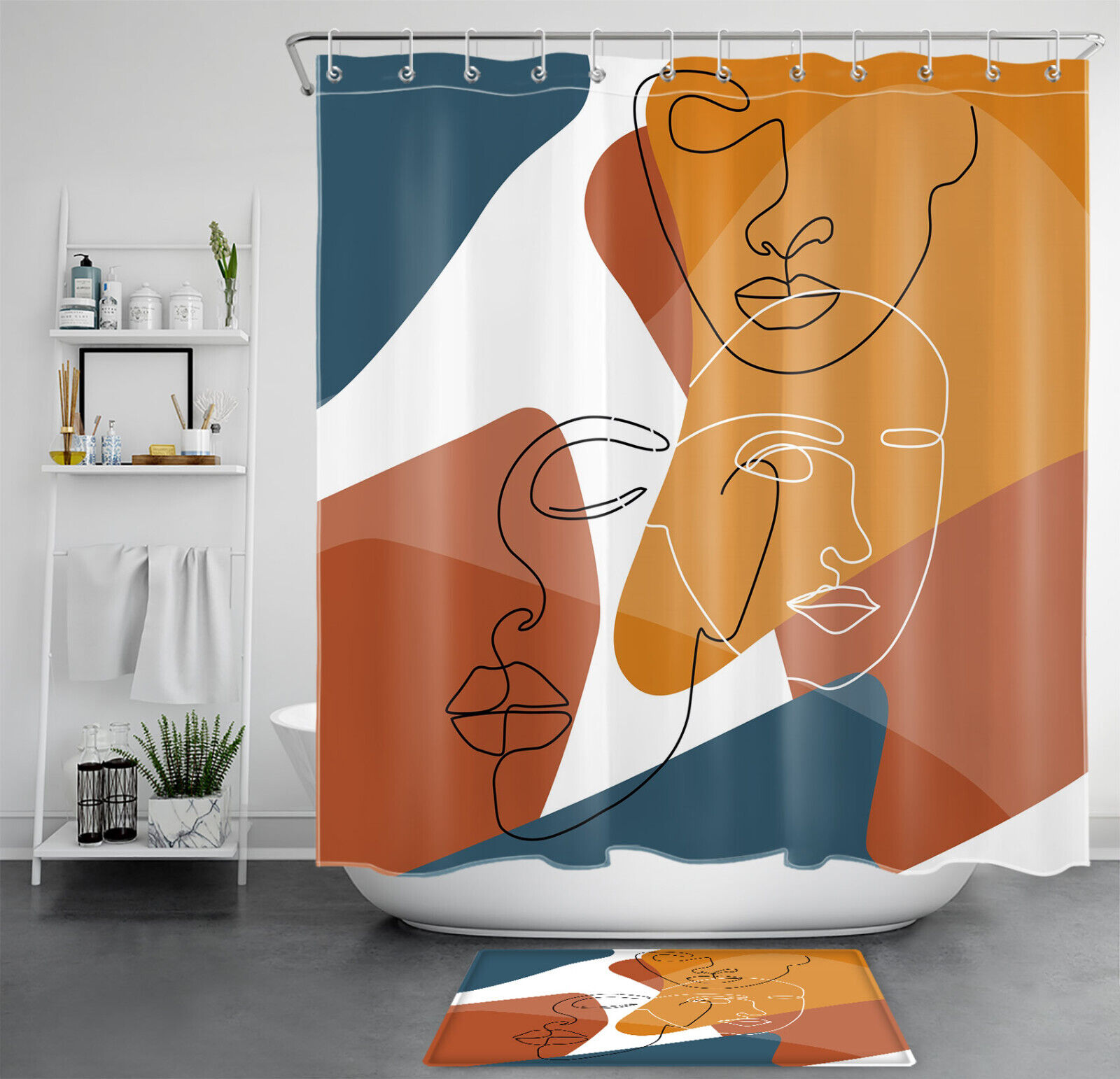 Abstract Geometric Line Face Shower Curtain For Modern Bathroom