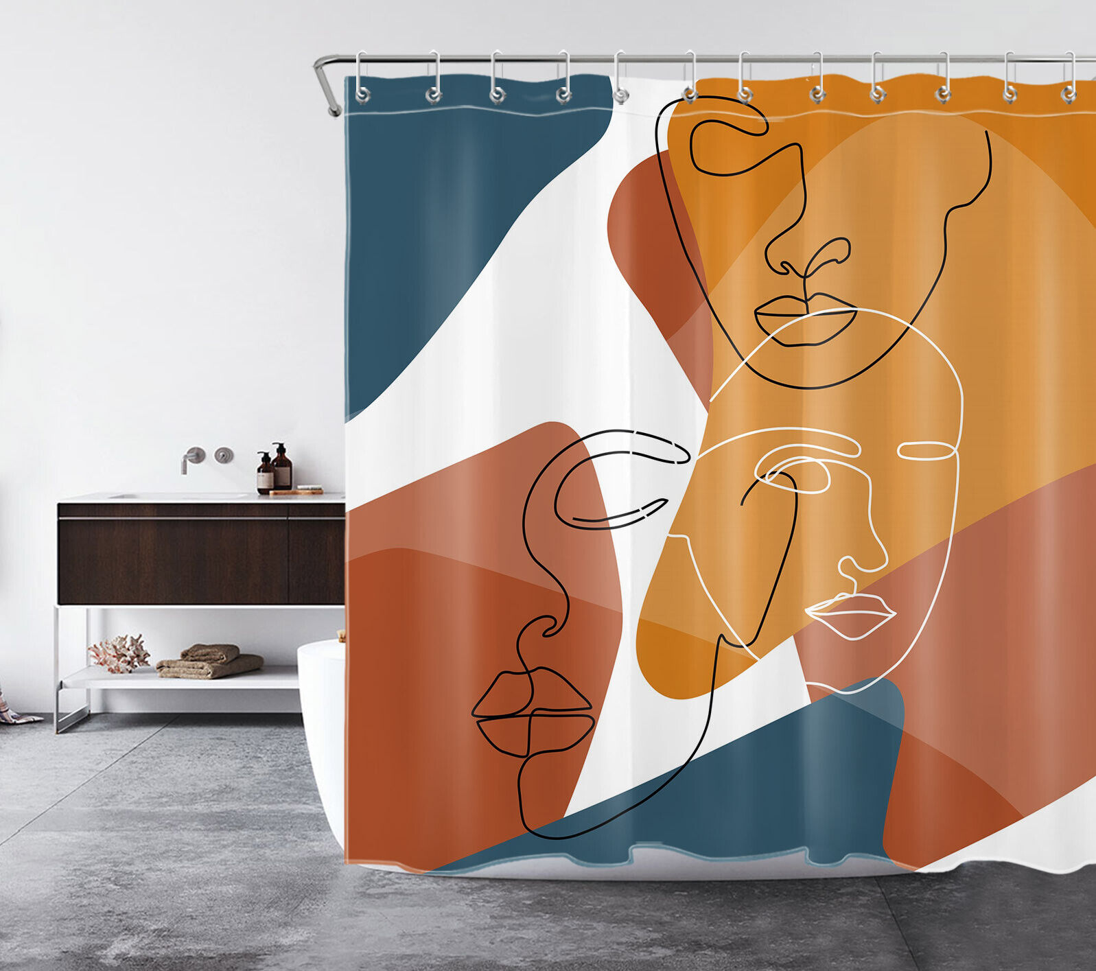 Abstract Geometric Line Face Shower Curtain For Modern Bathroom