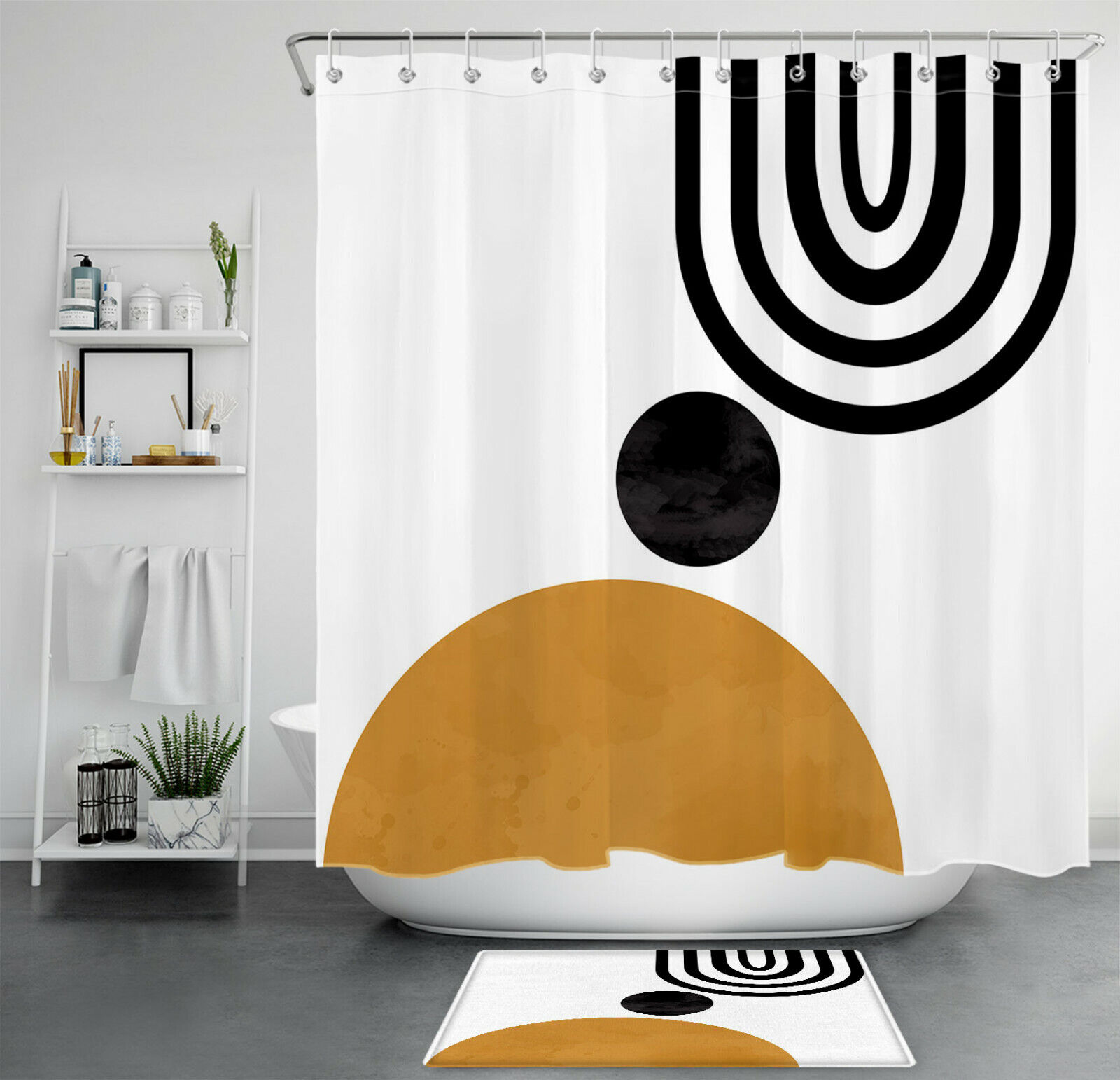 Abstract Geometric Pattern Shower Curtain with Black, White, and Brown for a Modern Touch