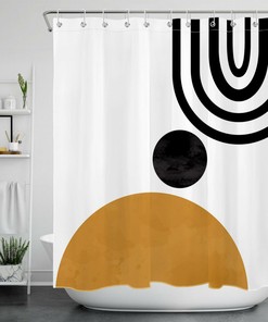 Abstract Geometric Pattern Shower Curtain with Black, White, and Brown for a Modern Touch