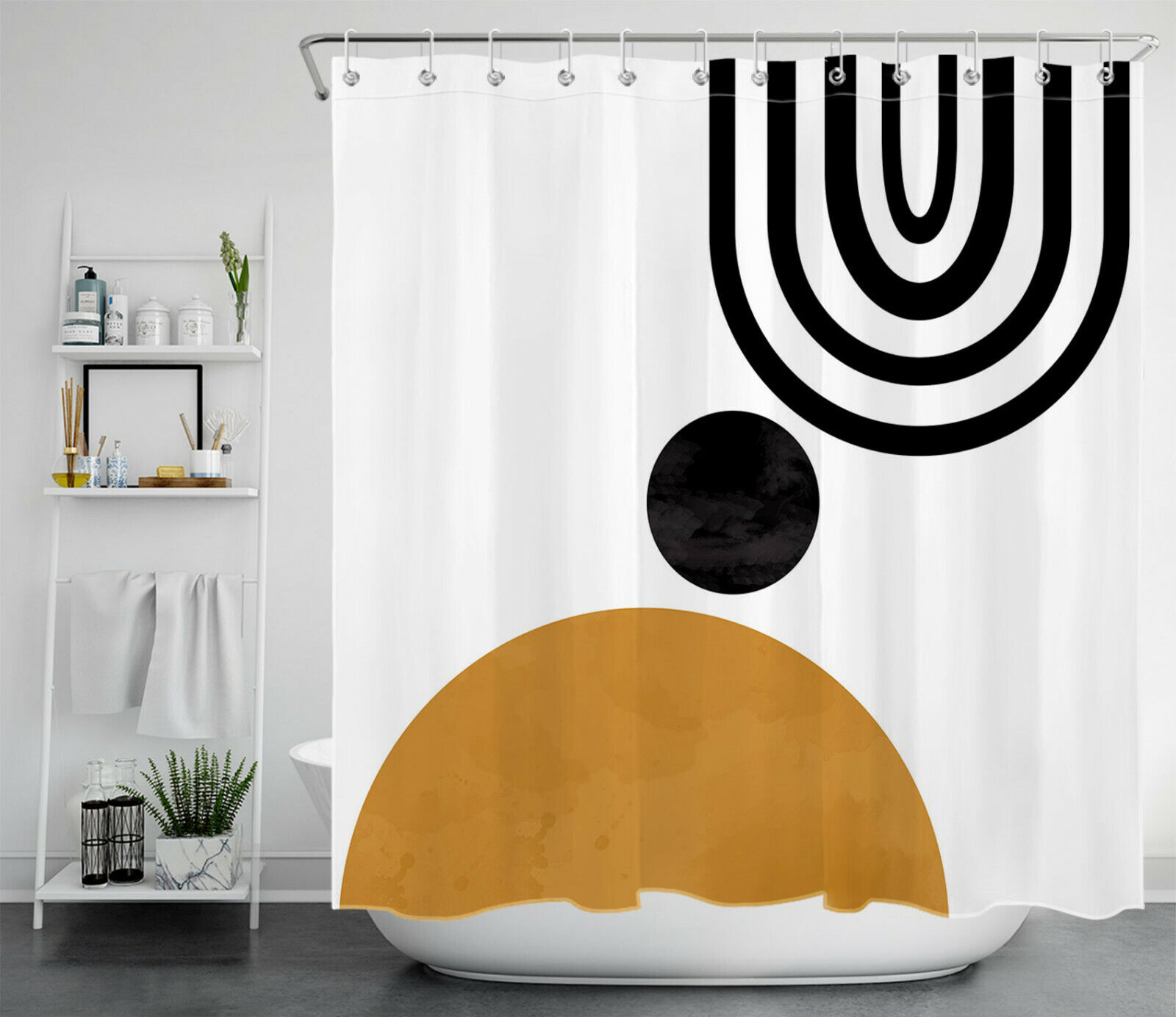 Abstract Geometric Pattern Shower Curtain with Black, White, and Brown for a Modern Touch