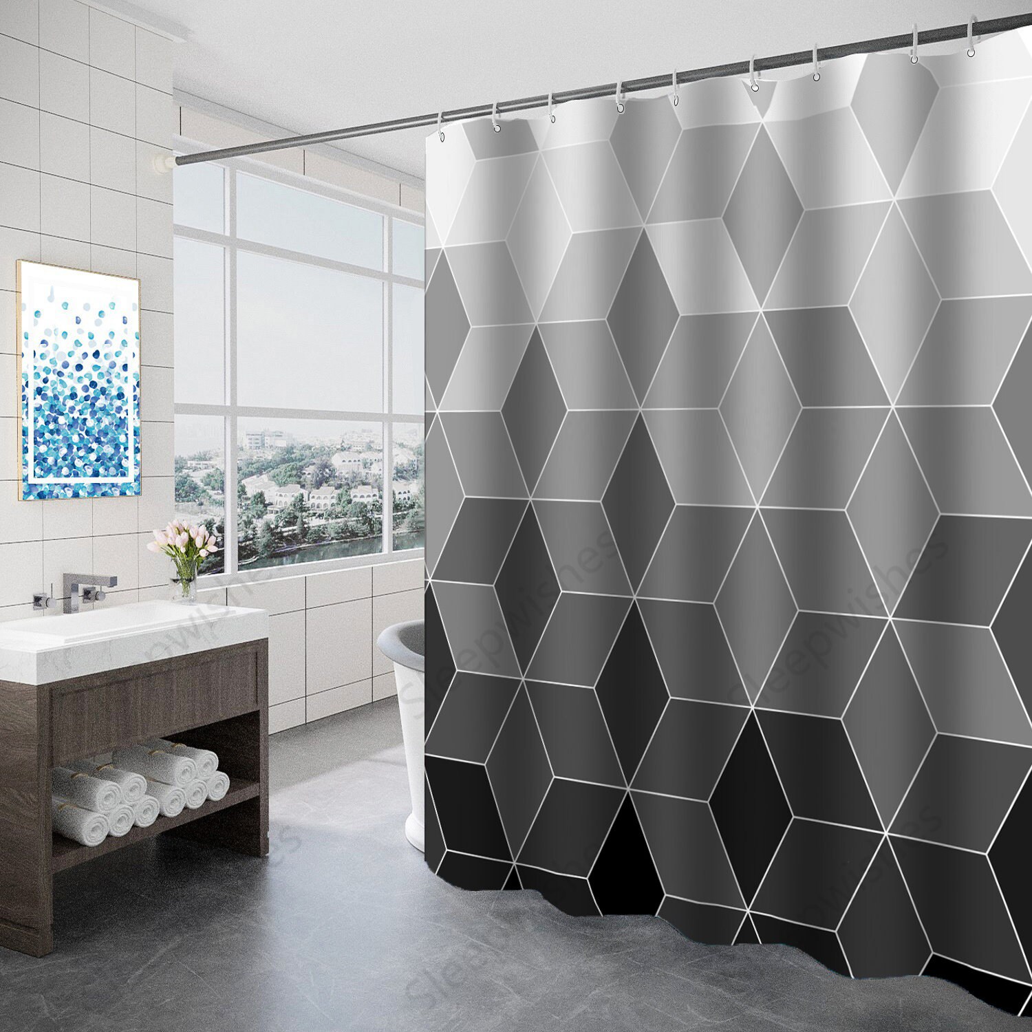 Abstract Geometry Grey And Black Ombre Shower Curtain