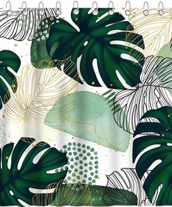 Abstract Green Chic Print Shower Curtain with Boho Tropical Leaves Design for Bathroom Decor