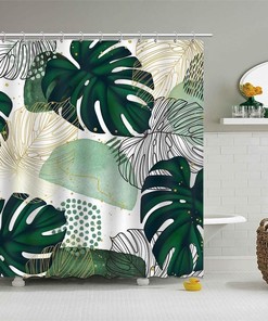 Abstract Green Chic Print Shower Curtain with Boho Tropical Leaves Design for Bathroom Decor