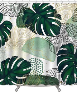 Abstract Green Chic Print Shower Curtain with Boho Tropical Leaves Design for Bathroom Decor