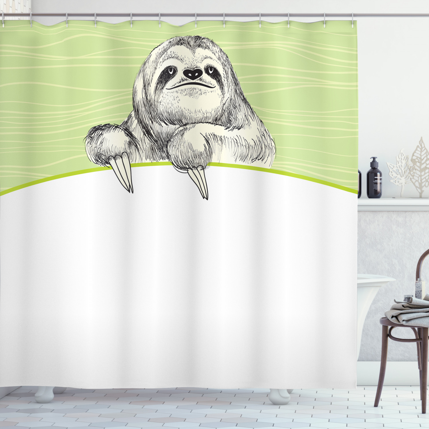 Abstract Green Sloth Shower Curtain, Minimalist Bathroom Decor