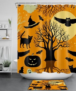 Abstract Halloween Shower Curtain - Spooky Black Cat And Owl Design