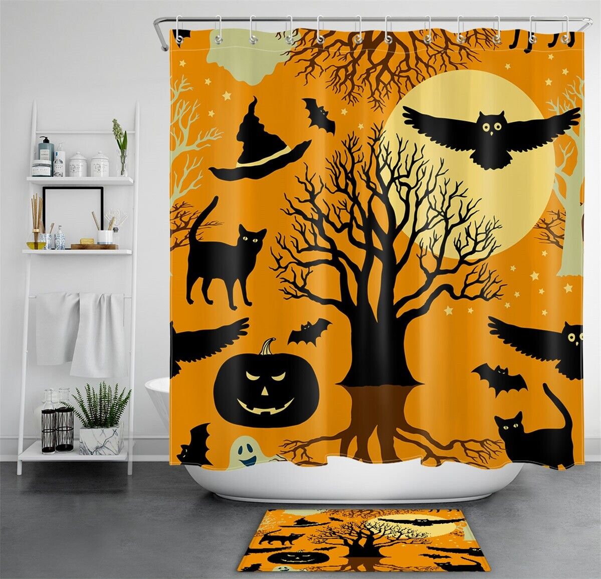 Abstract Halloween Shower Curtain - Spooky Black Cat And Owl Design