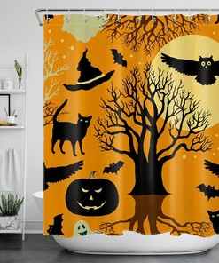 Abstract Halloween Shower Curtain - Spooky Black Cat And Owl Design
