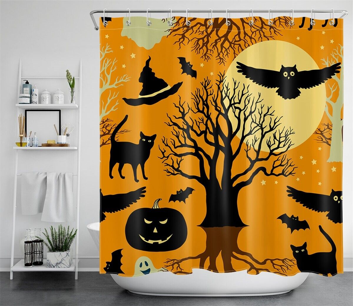 Abstract Halloween Shower Curtain - Spooky Black Cat And Owl Design