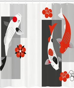 Abstract Koi Fish and Flower Combinations Shower Curtain, Cloth Fabric Bathroom Decor in Grey, White and Red 