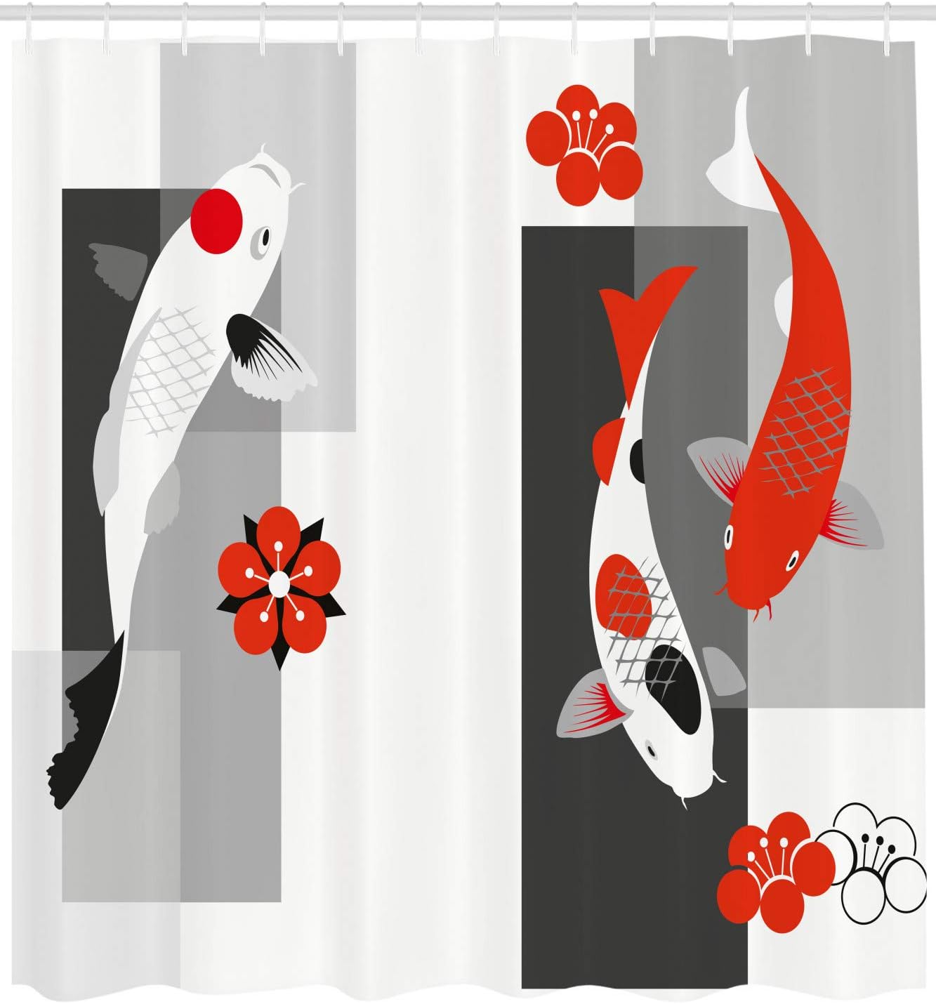 Abstract Koi Fish and Flower Combinations Shower Curtain, Cloth Fabric Bathroom Decor in Grey, White and Red