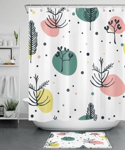 Abstract Leaf Fabric Shower Curtain With Colorful Geometric Spots, Wonderful Bathroom Accessory