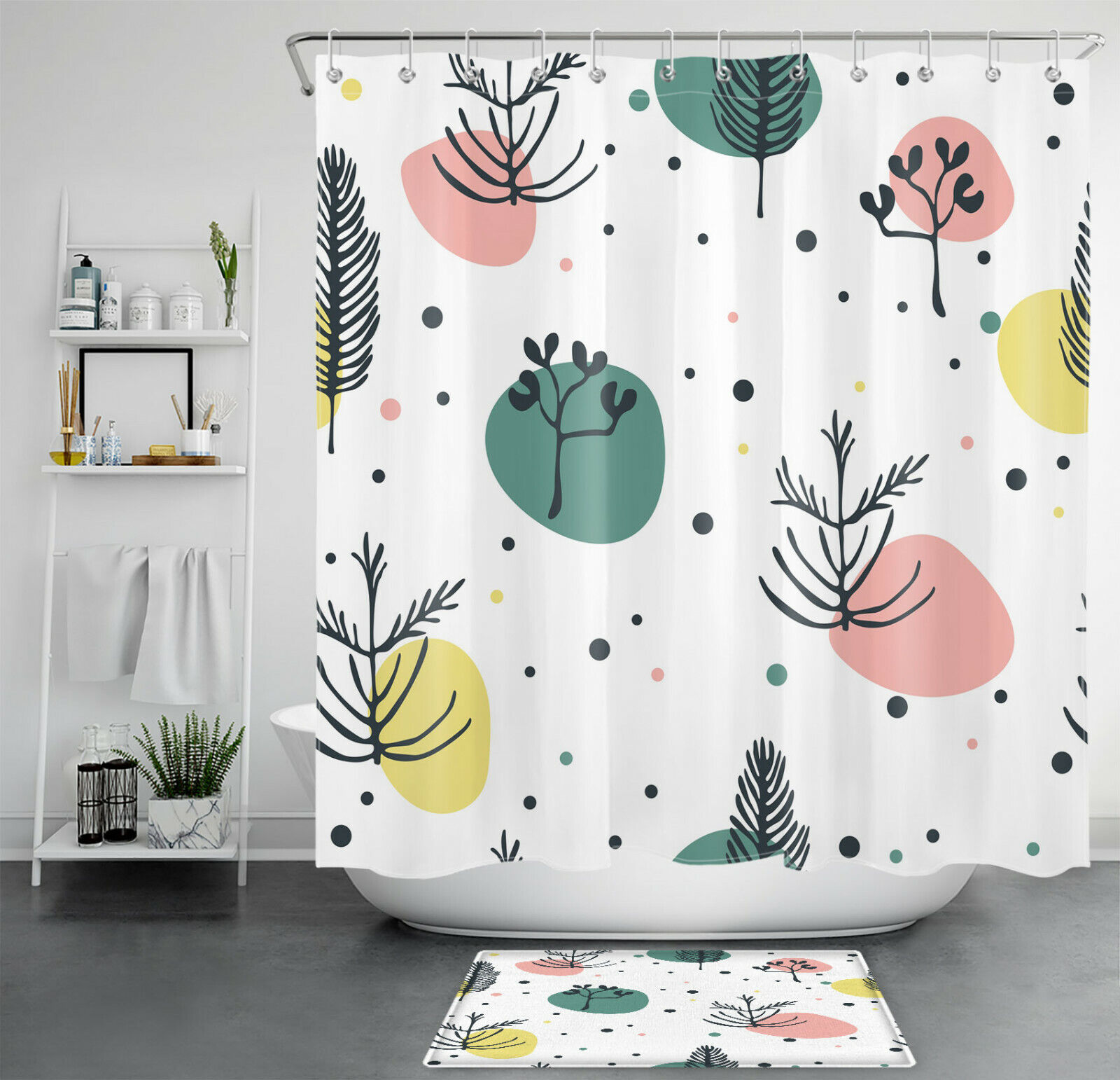 Abstract Leaf Fabric Shower Curtain With Colorful Geometric Spots, Wonderful Bathroom Accessory