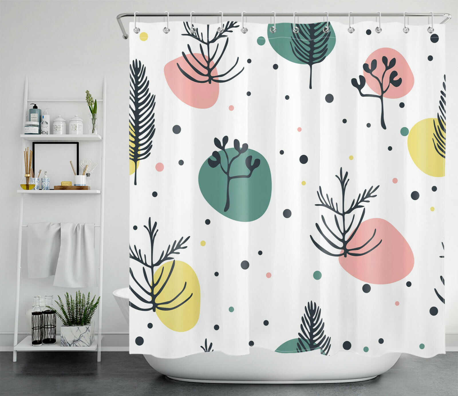 Abstract Leaf Fabric Shower Curtain With Colorful Geometric Spots, Wonderful Bathroom Accessory - Image 2