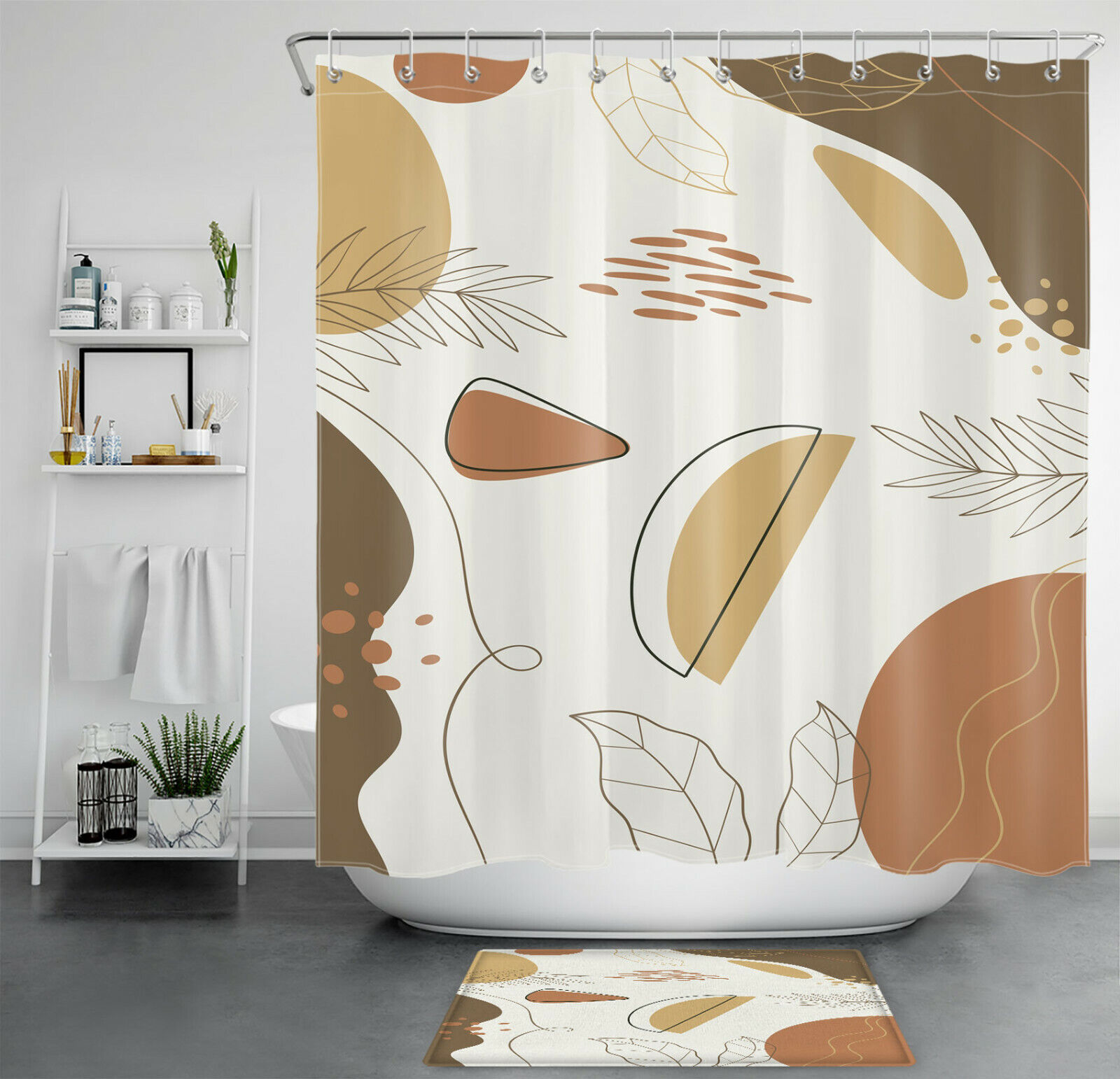 Abstract Leaves Shower Curtain Minimalist Geometric Bathroom Accessory Set For Simple Yet Chic Bathroom Decor
