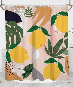 Abstract Lemon Shower Curtain With Tropical Palm Fruit And Nature Plant Leaves For Bathroom Decor