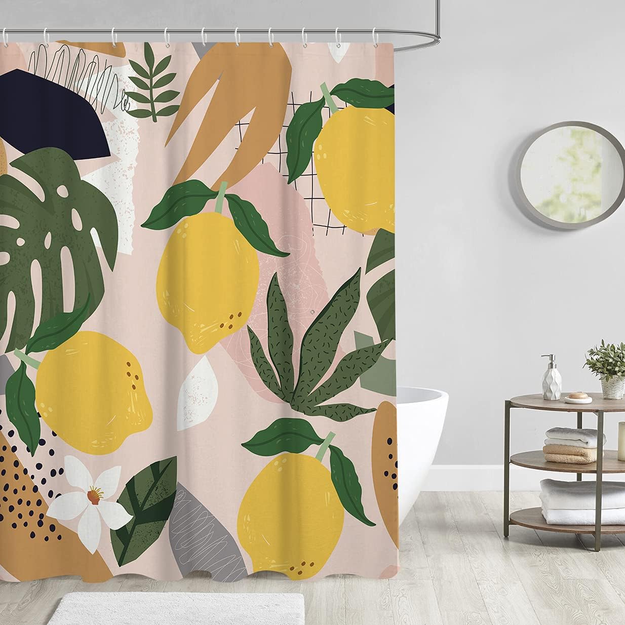 Abstract Lemon Shower Curtain With Tropical Palm Fruit And Nature Plant Leaves For Bathroom Decor - Image 2