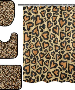 Abstract Love Shape Leopard Spot Shower Curtain With Matching Mat For Romantic Bathroom Decor
