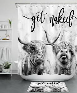 Abstract Marble Highland Cow Funny Shower Curtain Get Naked Bathroom