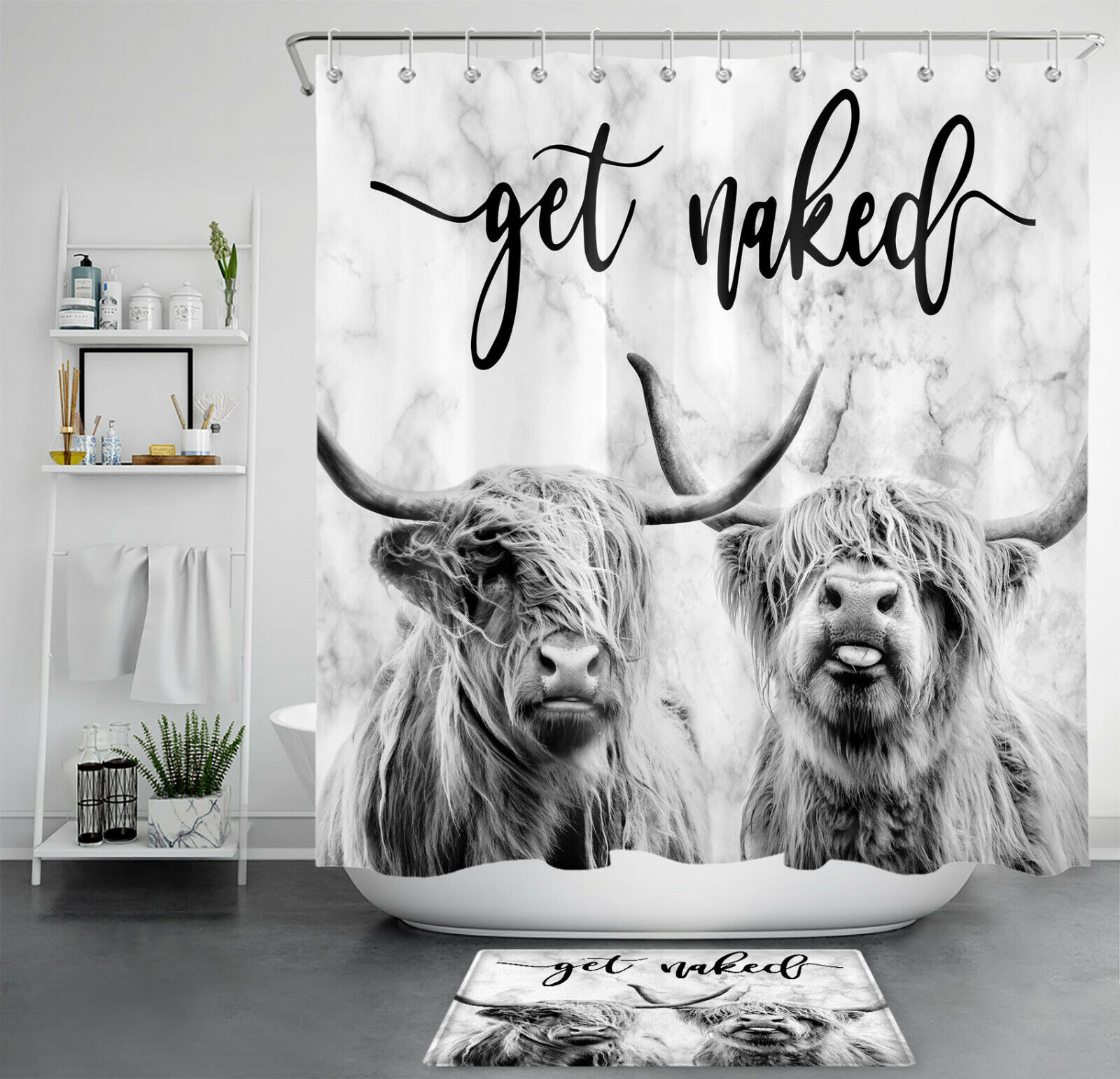 Abstract Marble Highland Cow Funny Shower Curtain Get Naked Bathroom