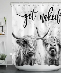 Abstract Marble Highland Cow Funny Shower Curtain Get Naked Bathroom