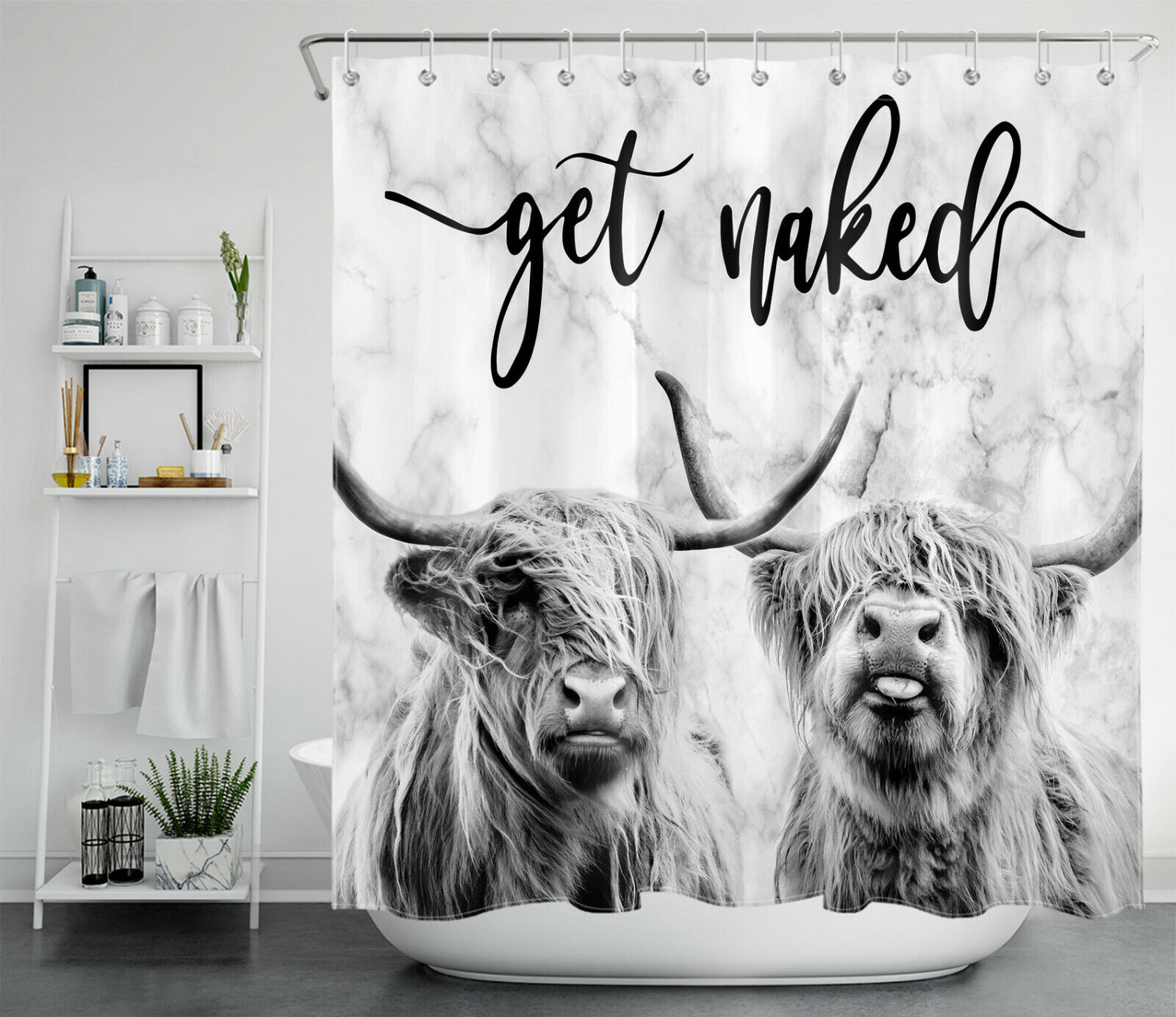 Abstract Marble Highland Cow Funny Shower Curtain Get Naked Bathroom