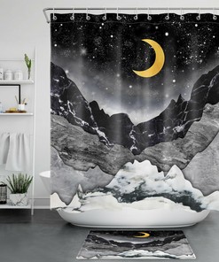 Abstract Marble Mountains Night Moon Shower Curtain Set For Mysterious And Beautiful Bathroom Decor