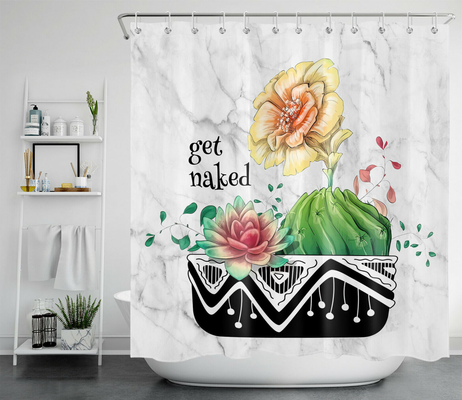 Abstract Marble and Cactus Shower Curtain