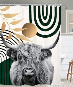 Abstract Mid Century Emerald Green Highland Cow Bull Shower Curtain