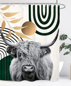 Abstract Mid Century Emerald Green Highland Cow Bull Shower Curtain