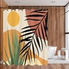 Abstract Mid Century Shower Curtain, Tropical Leaves And Sun Pattern Design