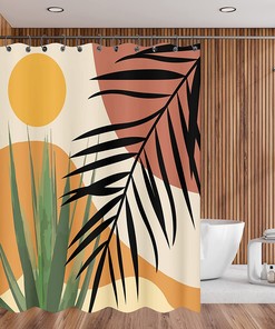 Abstract Mid Century Shower Curtain, Tropical Leaves And Sun Pattern Design