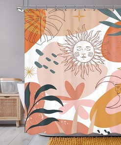 Abstract Minimalist Boho Shower Curtain with Sun, Moon and Leaves