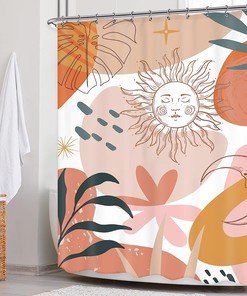 Abstract Minimalist Boho Shower Curtain with Sun, Moon and Leaves