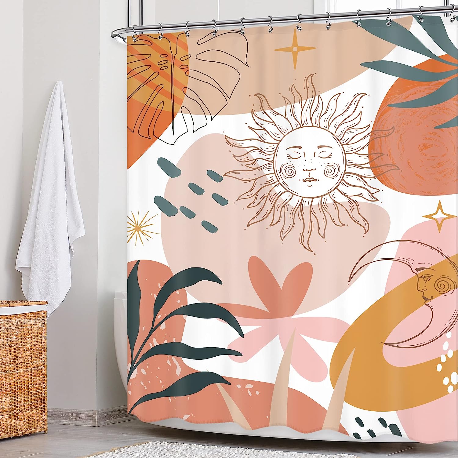 Abstract Minimalist Boho Shower Curtain with Sun, Moon and Leaves