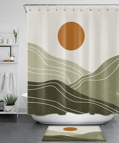 Abstract Minimalist Shower Curtain with Mountain Sun Theme for a Modern and Sophisticated Bathroom Decor