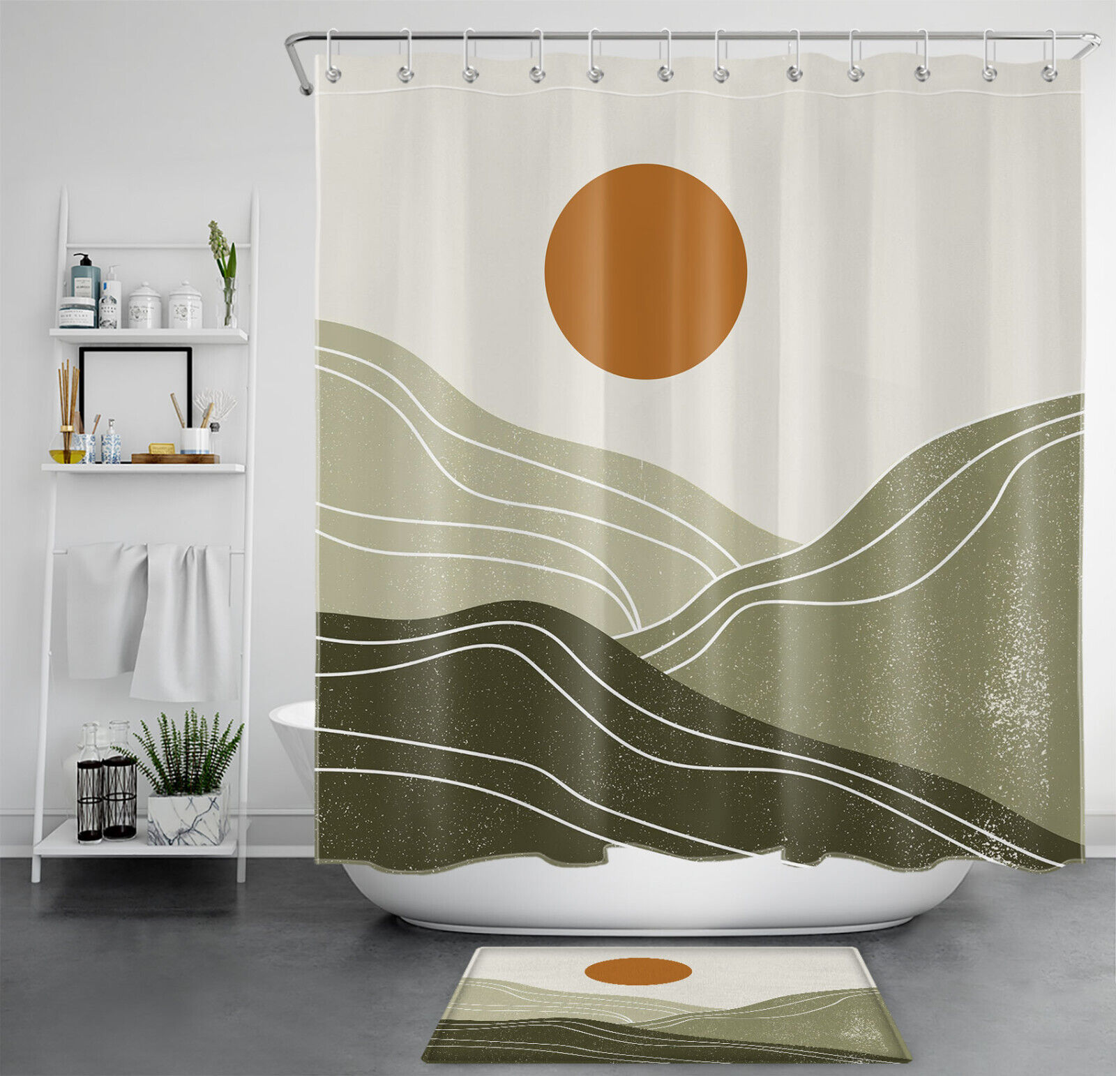 Abstract Minimalist Shower Curtain with Mountain Sun Theme for a Modern and Sophisticated Bathroom Decor