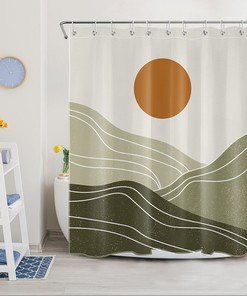 Abstract Minimalist Shower Curtain with Mountain Sun Theme for a Modern and Sophisticated Bathroom Decor