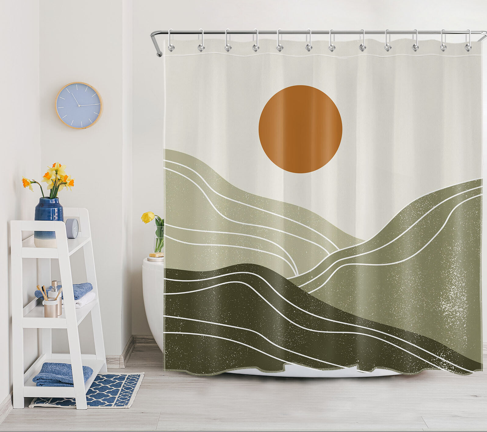 Abstract Minimalist Shower Curtain with Mountain Sun Theme for a Modern and Sophisticated Bathroom Decor