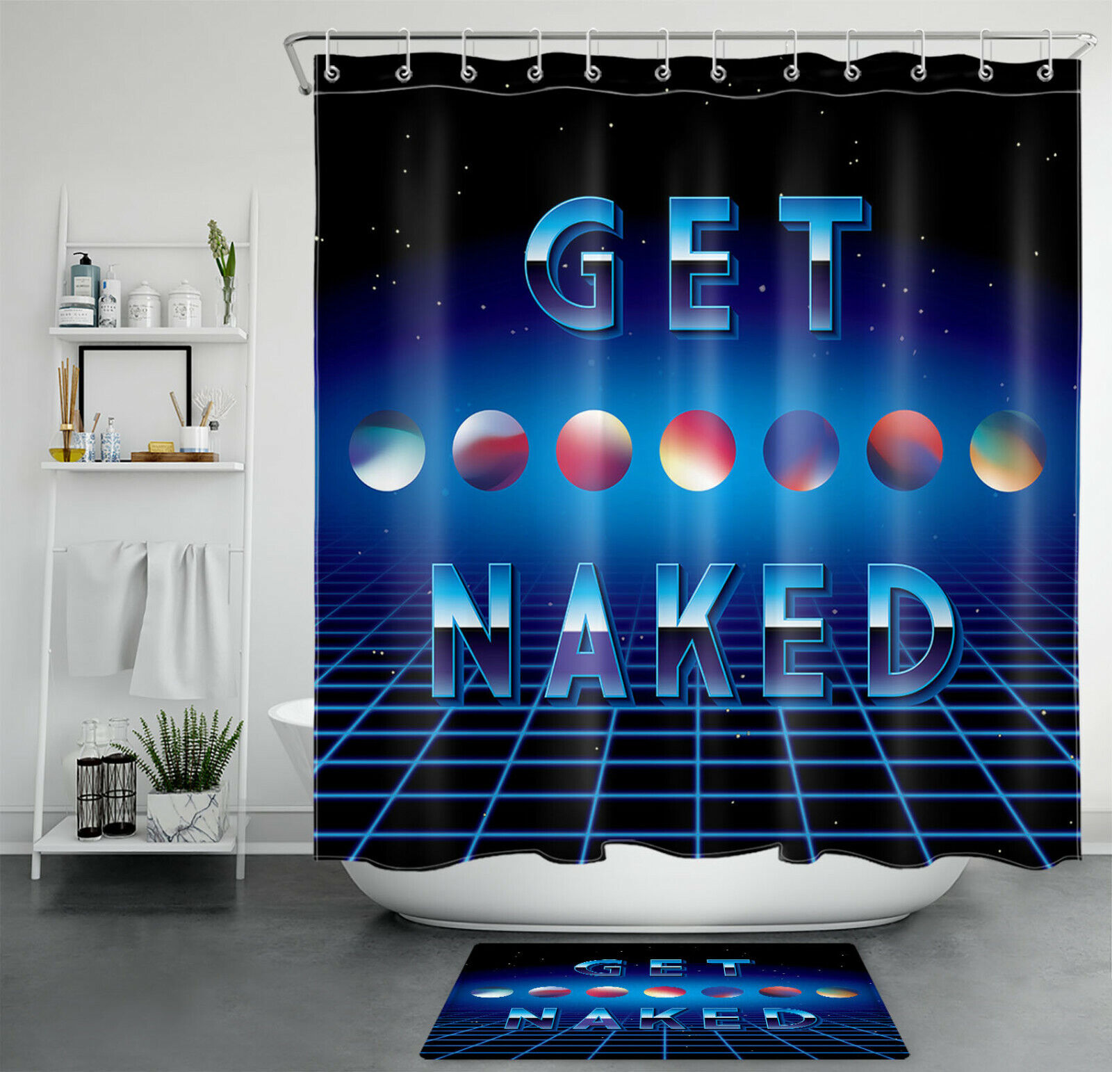 Abstract Moon Shower Curtain With Sci-Fi Geometric Patterns, Modern Bathroom Decor