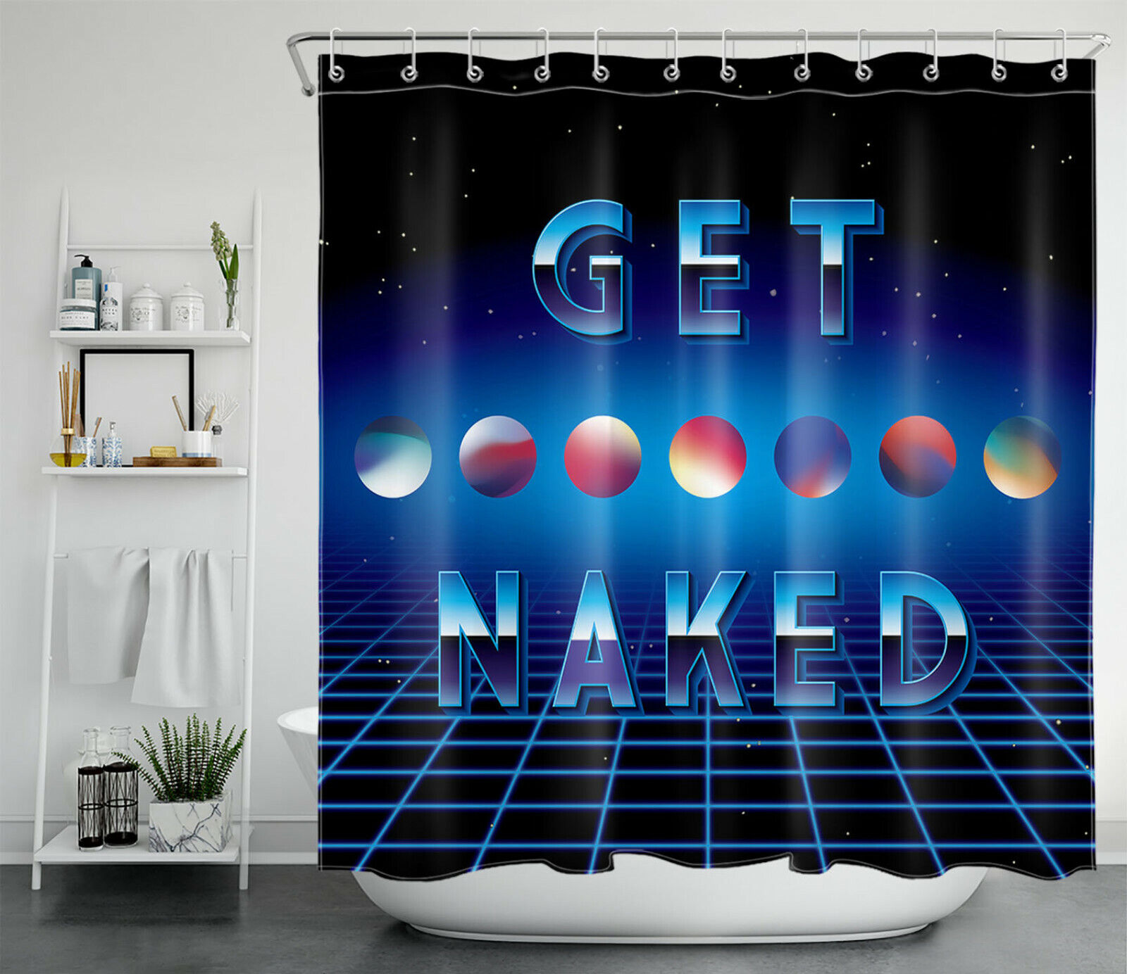 Abstract Moon Shower Curtain With Sci-Fi Geometric Patterns, Modern Bathroom Decor
