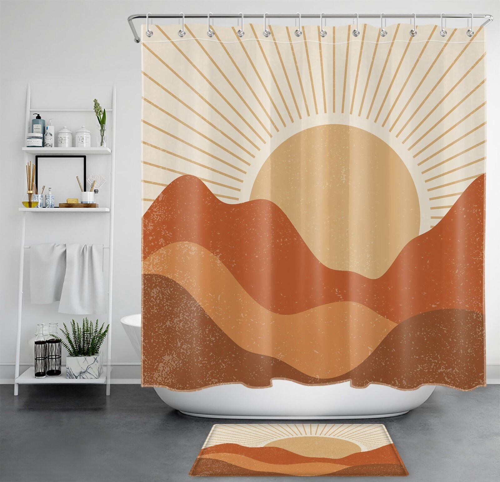 Abstract Mountain Sun Mid Century Retro Shower Curtain for Bathroom Decor